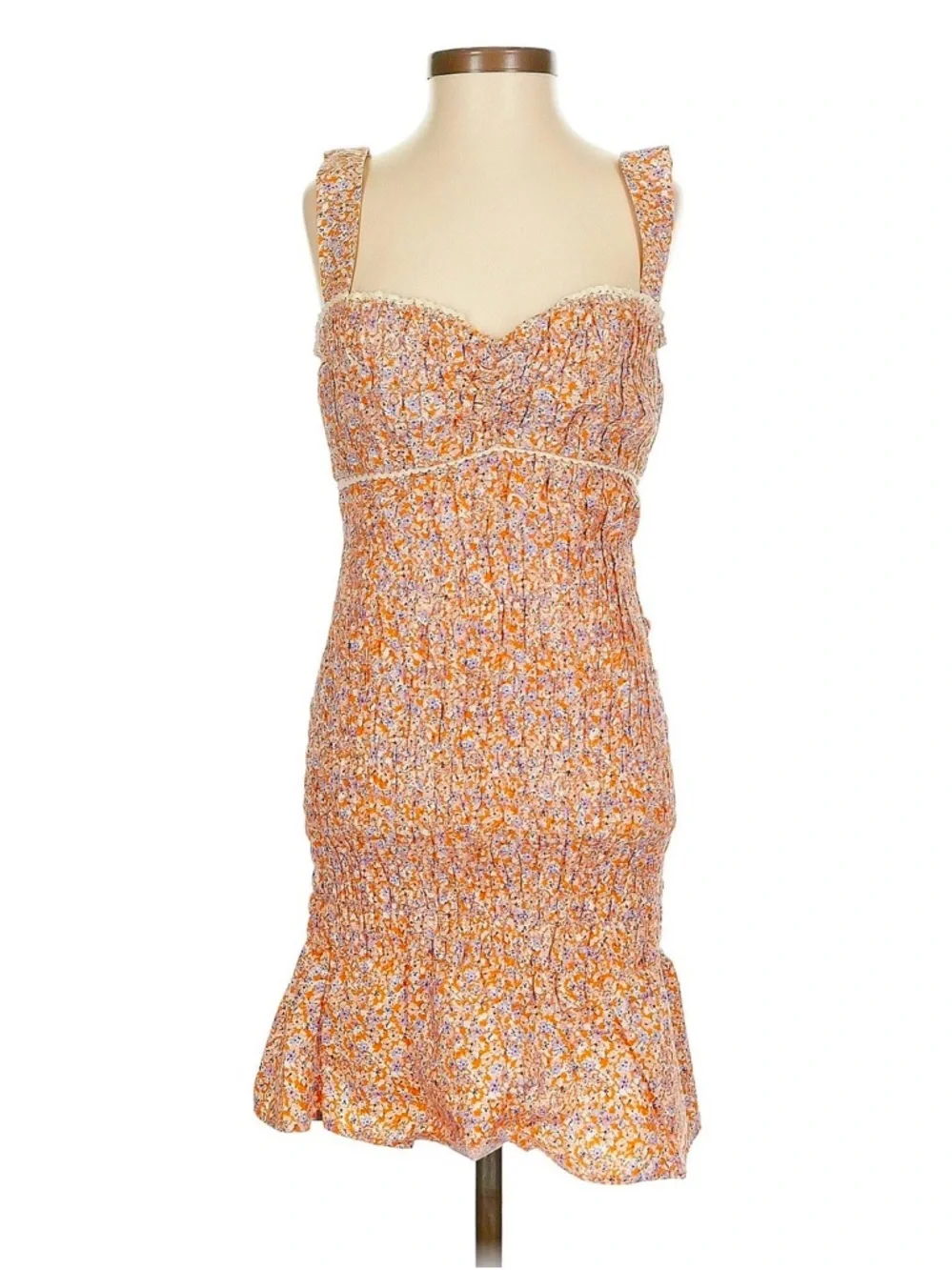 Zara Peach-Orange Floral Smocked Mini Dress